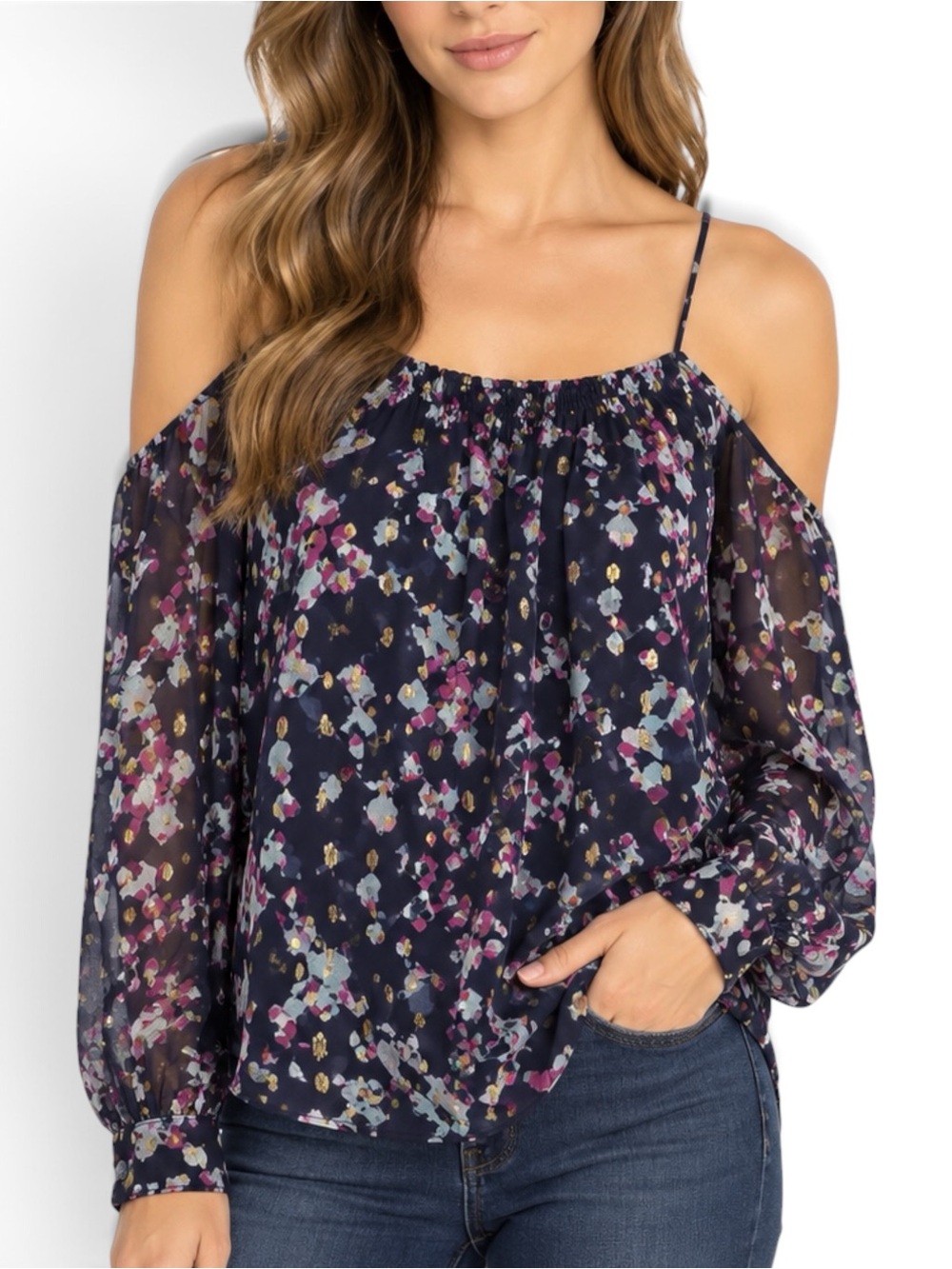Greylin Taylor Silk Cold Shoulder Blouse XS NWT Lurex Metallic Floral Revolve